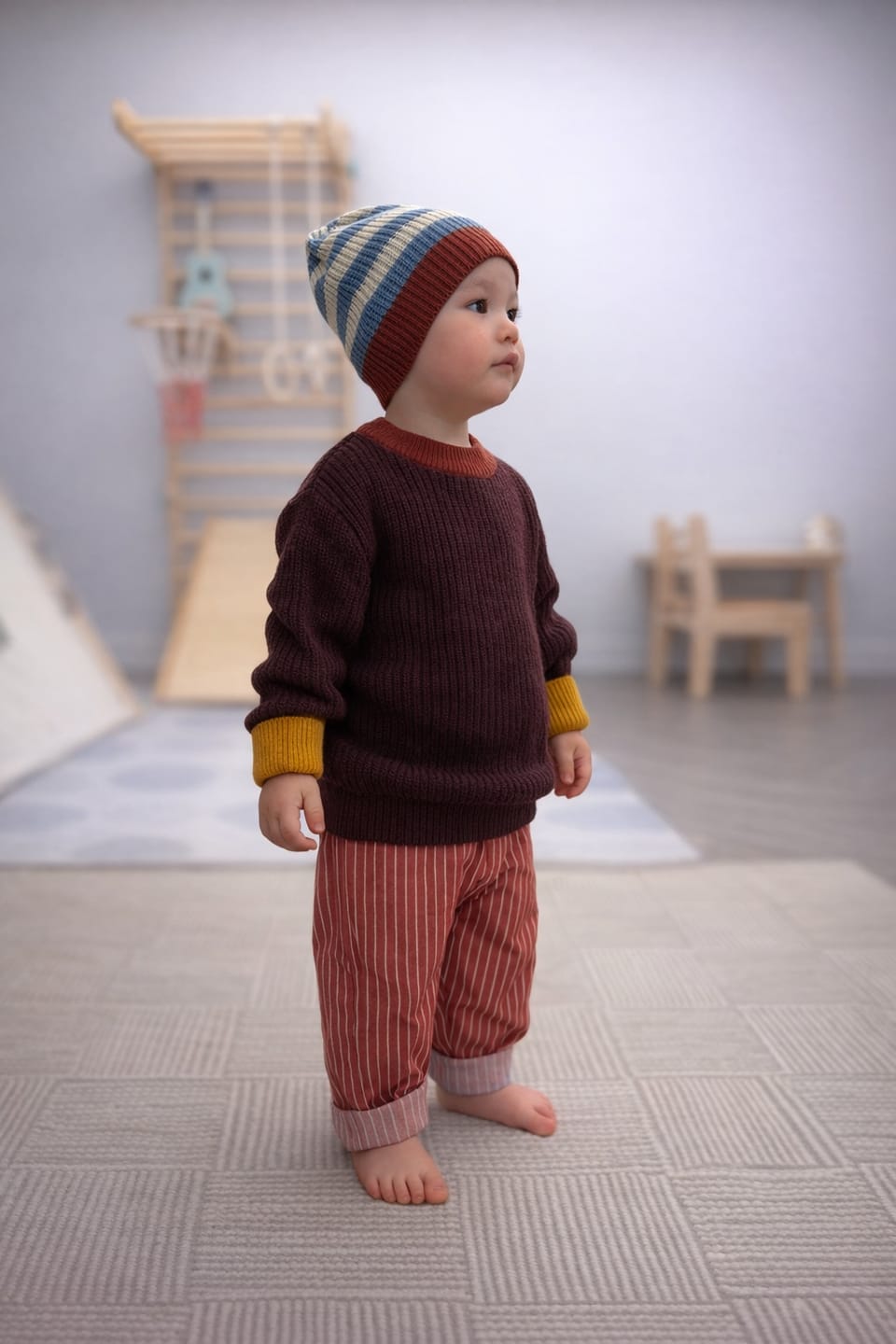 Customer photo review of Burnt Ochre Stripe Rib Waistband Pocket Trousers