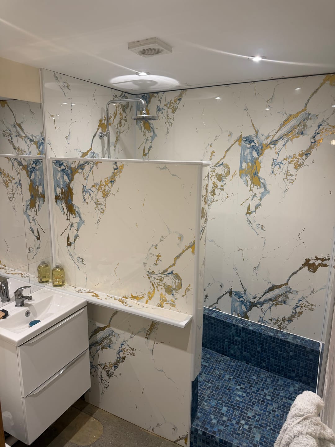 Customer photo review of 10mm Oro Blue Gloss Shower Panel 1M x 2.4M