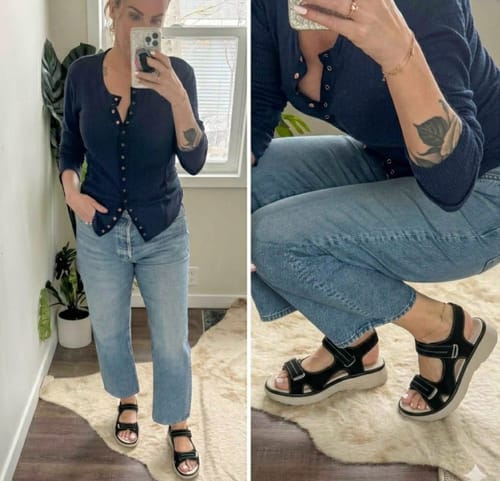 Customer wearing black Journey sandals with jeans. Split image shows a full view and a close-up of the adjustable straps.