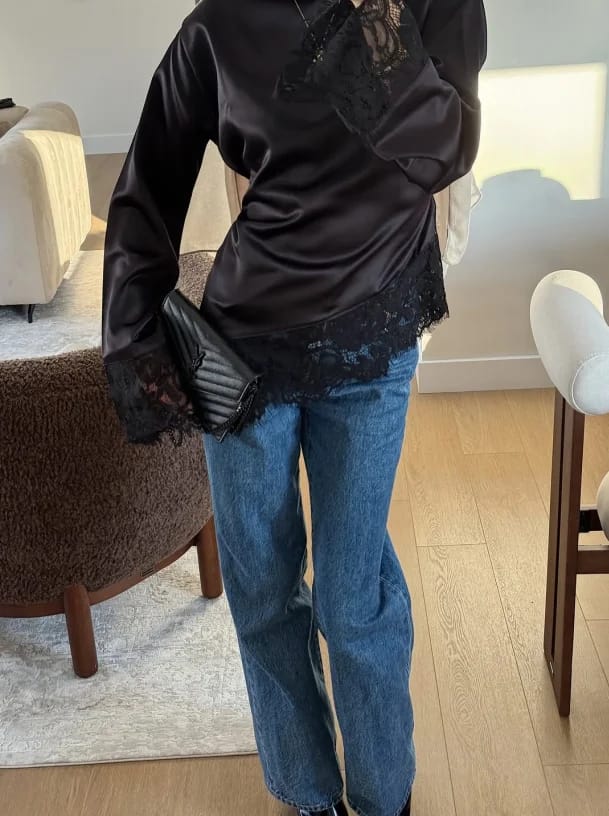 Customer photo review of Elara Asymmetrical Long Sleeve Lace Hem Top