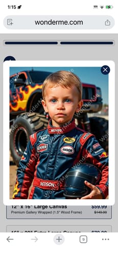 Customer's custom portrait showing a young boy in a racing suit in front of a large monster truck.