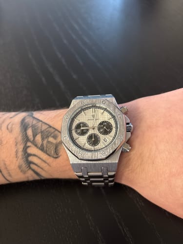 Customer's silver Lucky Fours® Tourbillon watch with a textured dial, worn on the wrist.