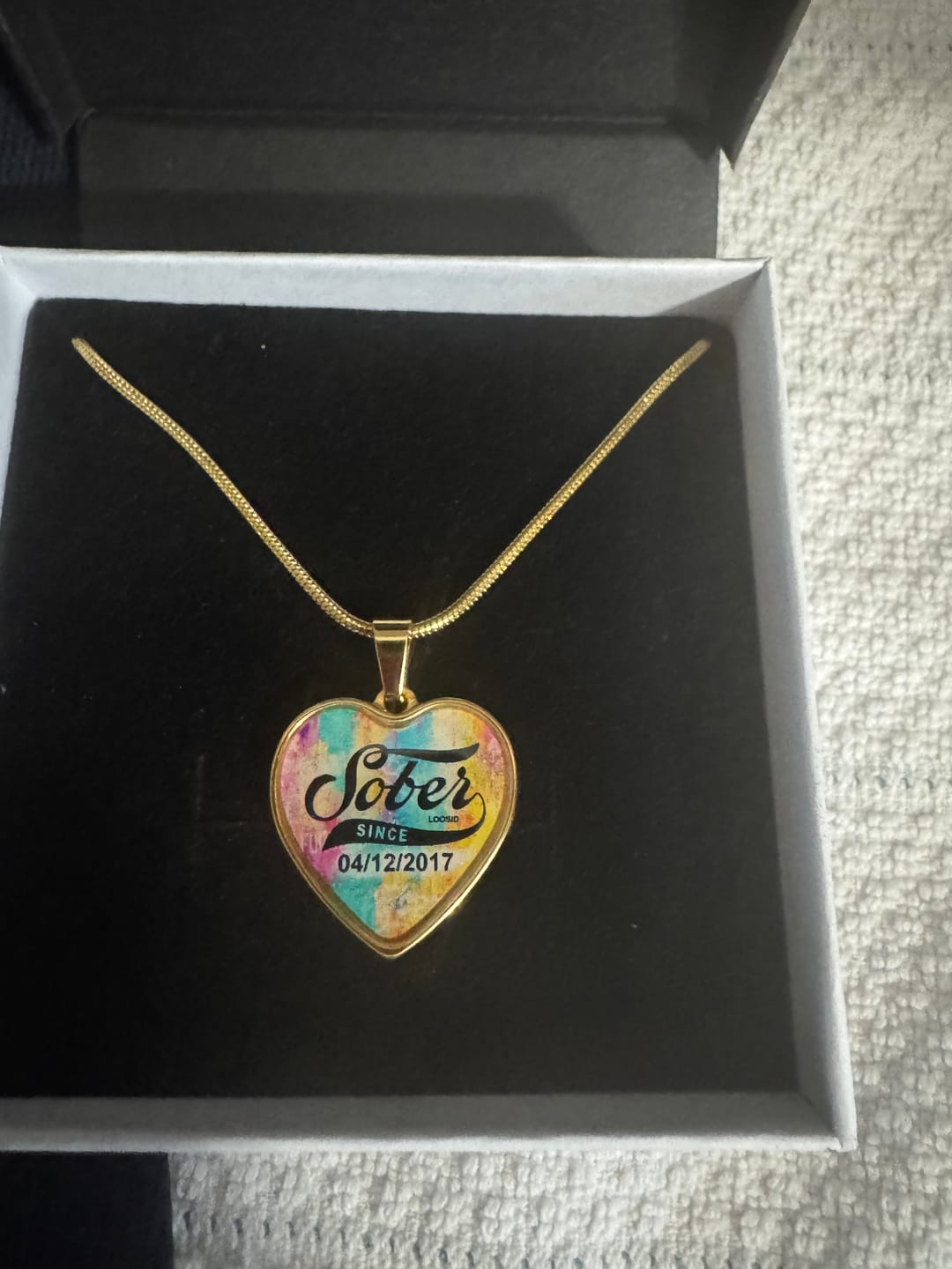 Customer photo review of Sobriety Gift | Sober Since Heart Necklace with Personalized Date