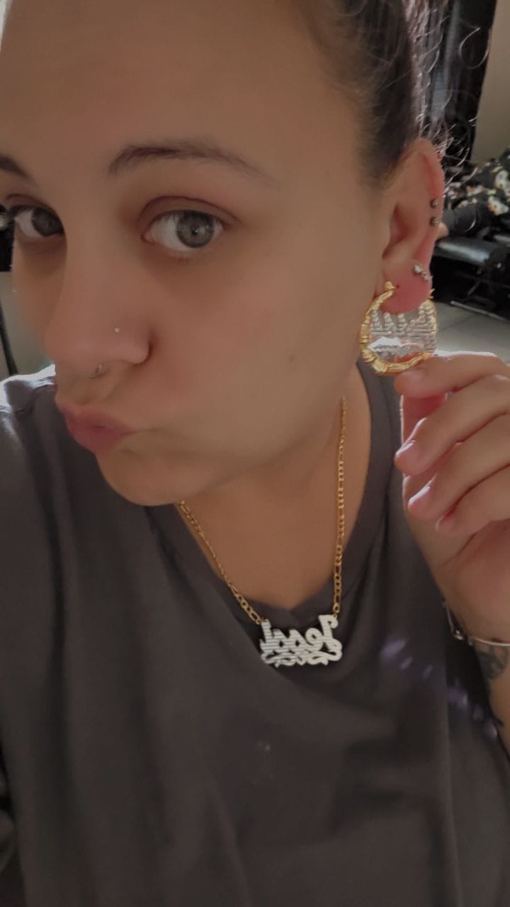 Customer photo review of Double Plated Bamboo Name Hoop Earrings