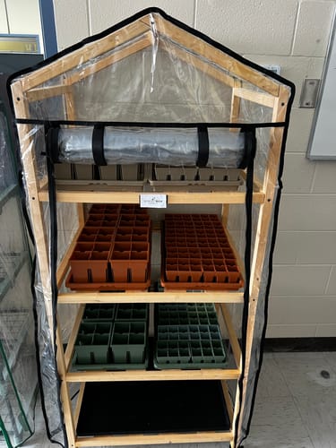 Reviewer's colorful Seed Starting Kit trays organized on a wooden greenhouse shelving unit.