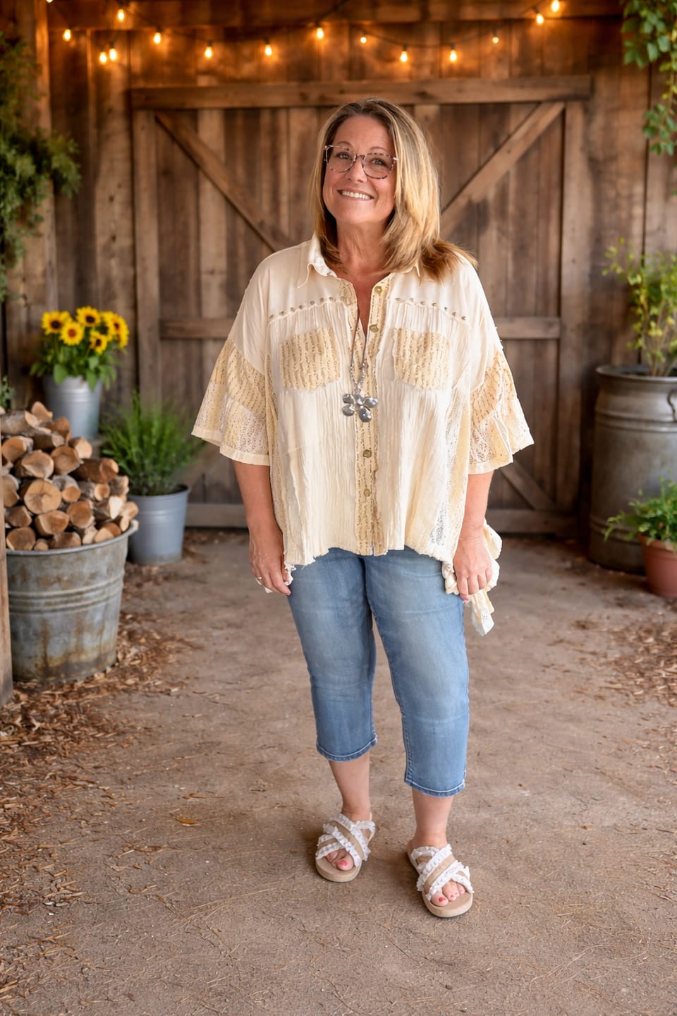 Customer photo review of Cream Lace & Floral Button Front Top With Dolman Sleeves