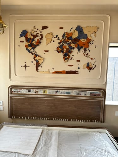 Customer photo review of 3D Wooden World Map brown and Blue