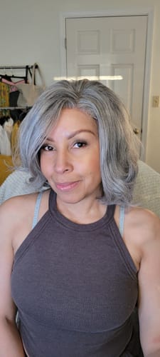 Customer photo review of Luvwin 5x5 Salt And Pepper Glueless Gray Color Pre-Cut Lace Layered Cut Straight Bob Wig 100% Human Hair
