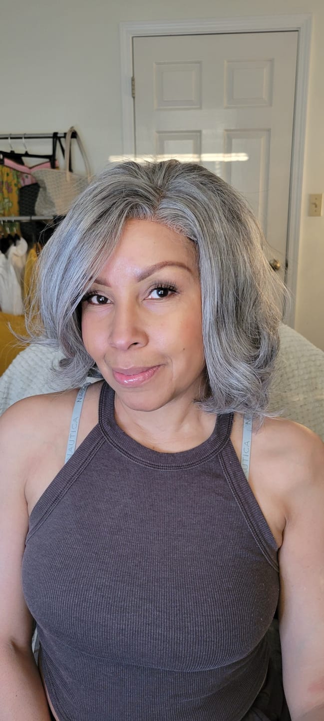 Customer photo review of Luvwin 5x5 Salt And Pepper Glueless Gray Color Pre-Cut Lace Layered Cut Straight Bob Wig 100% Human Hair