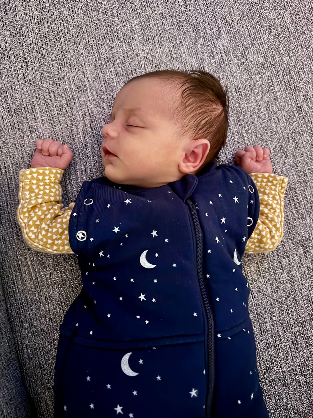 Customer photo review of sleep swaddle bag  blue moon and stars | Newborn | 2.5 Tog