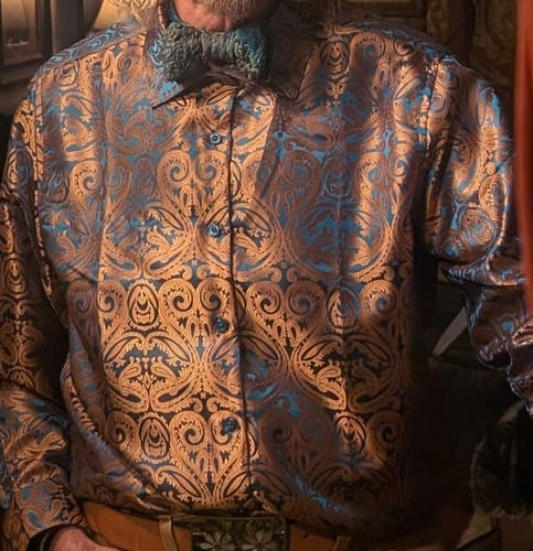 Customer photo review of Barry. Wang Copper Paisley Button Down Shirt Casual Silk Long Sleeve Dress Shirt