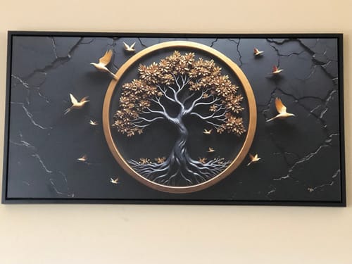 Customer's framed 3D Celtic Tree of Life Wall Art showing a golden tree and birds against a dark textured background.