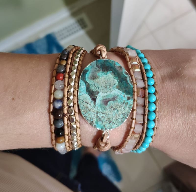 Customer photo review of Natural Fossil Flower Jasper Leather Wrap Bracelet