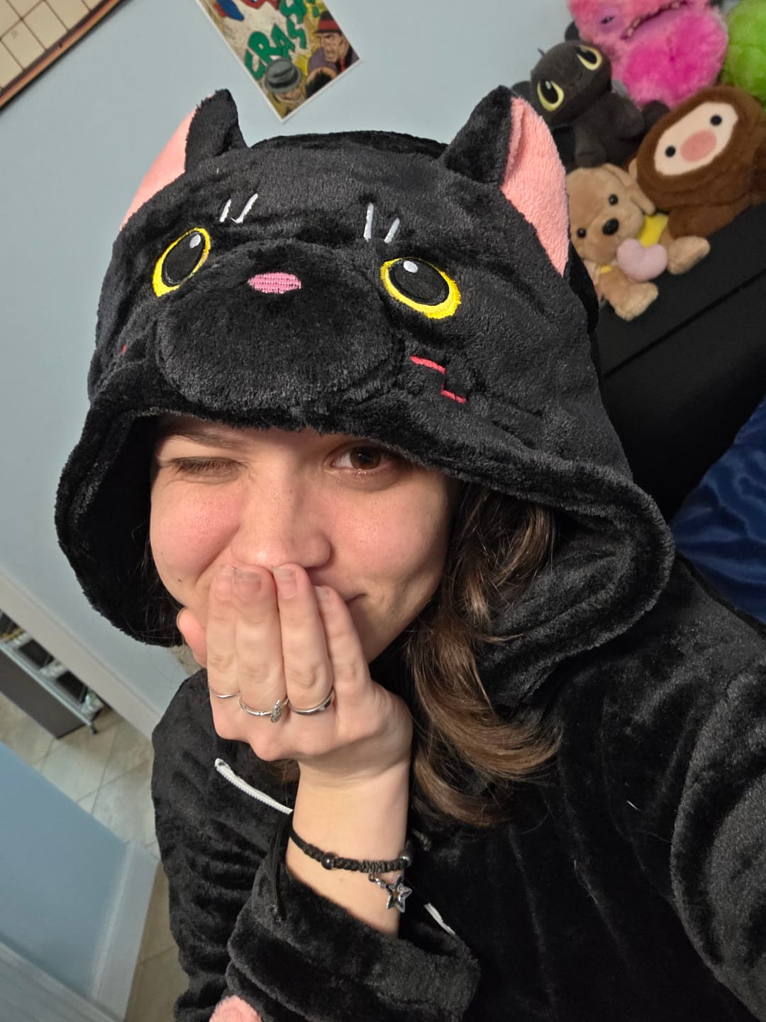 Customer photo review of OLAOLA Unisex Adult Plush Black Cat Animals Onesie Pajamas Warm Home Pet One-Piece Sleepwear