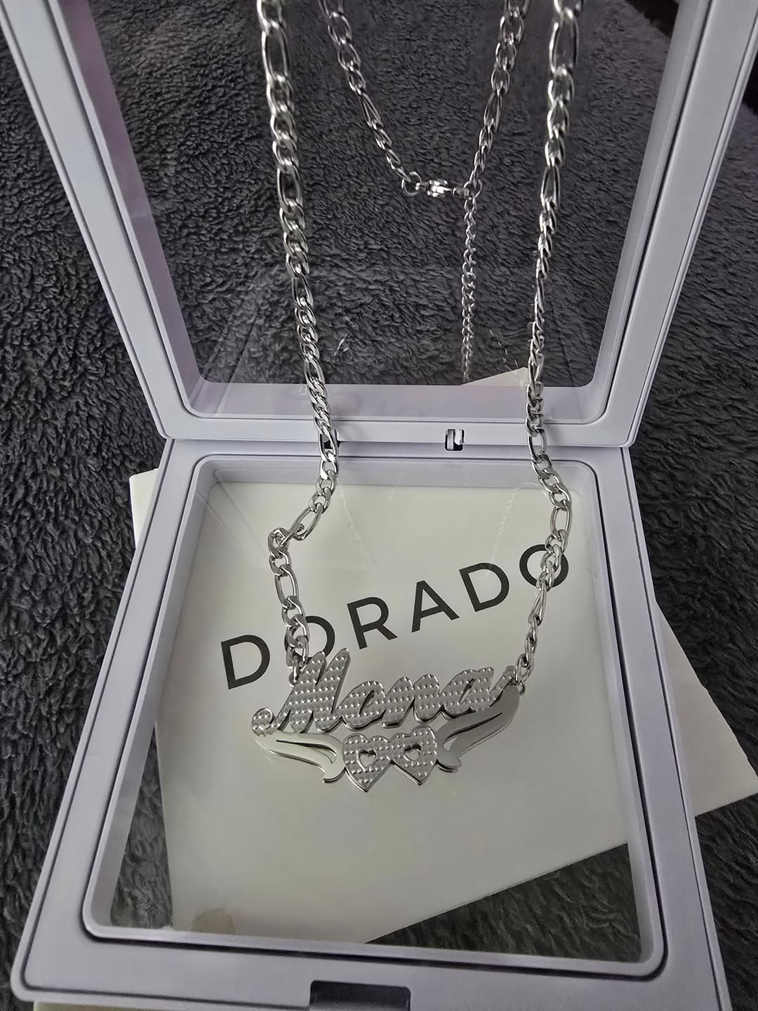 Customer photo review of Double Plated Hearts Name Necklace w/ Figaro Chain