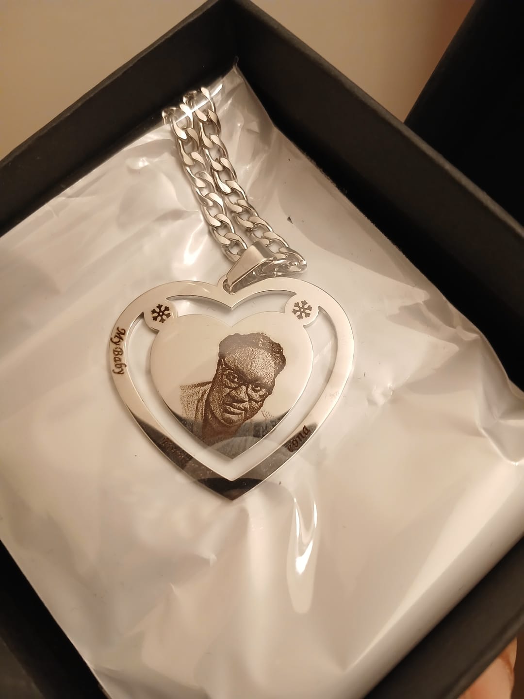 Customer photo review of Photo Engraved Heart Necklace