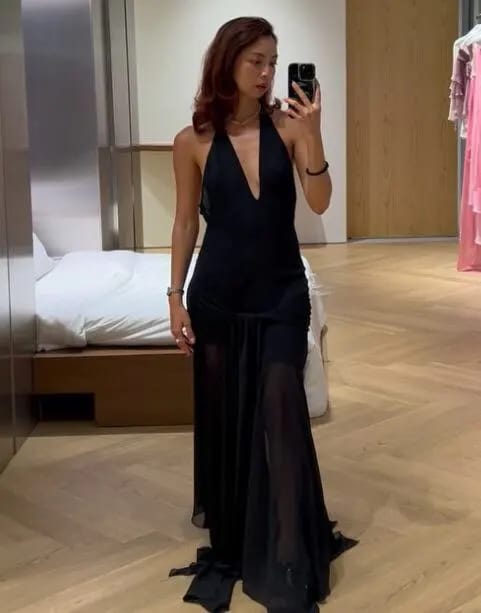Customer photo review of Amanda Halter V-Neck Ruched Maxi Dress
