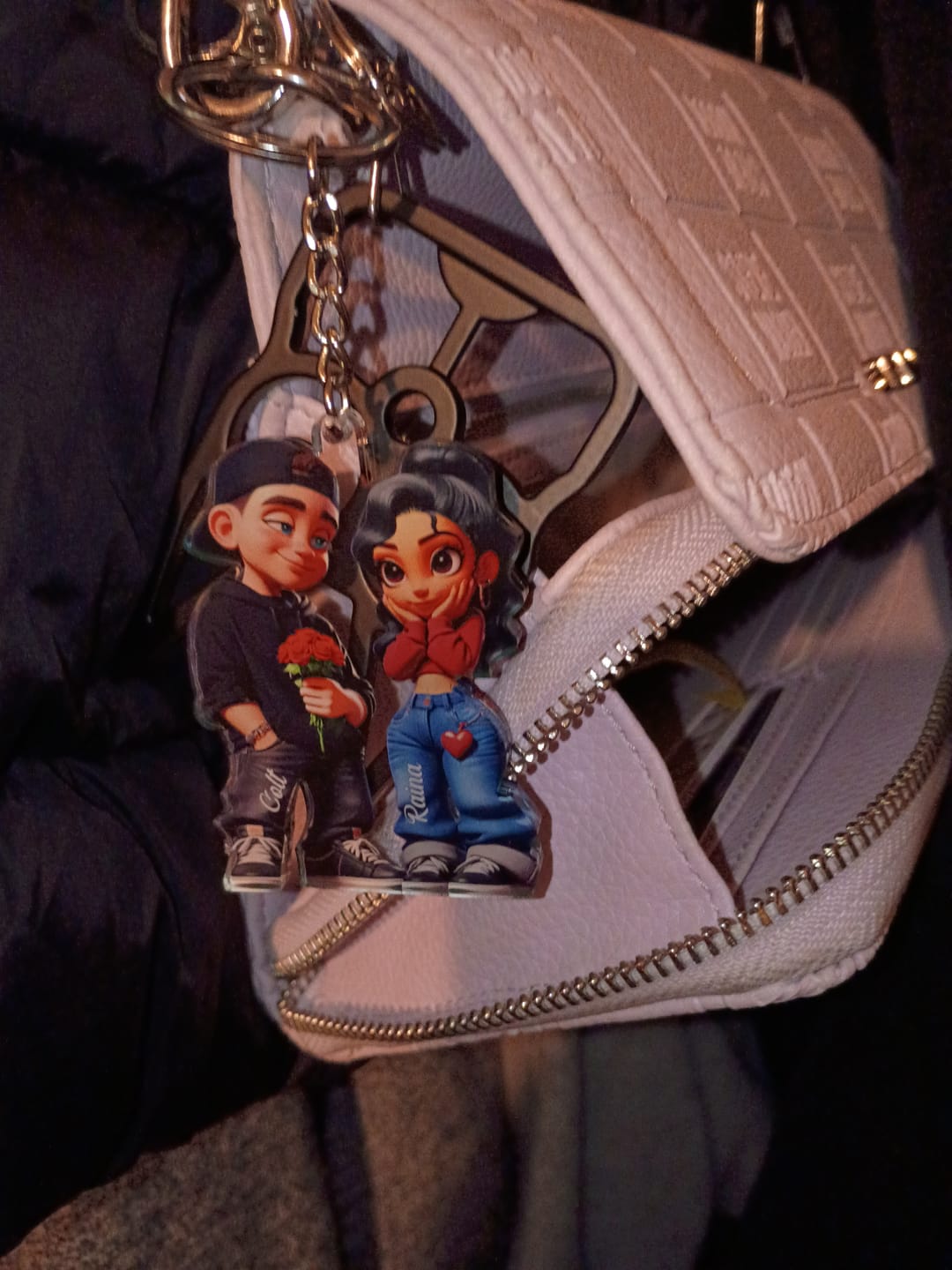 Customer photo review of 3D Effect Y2K Couple Personalized Acrylic Keychain, Perfect Gift For Couple, for him, for her