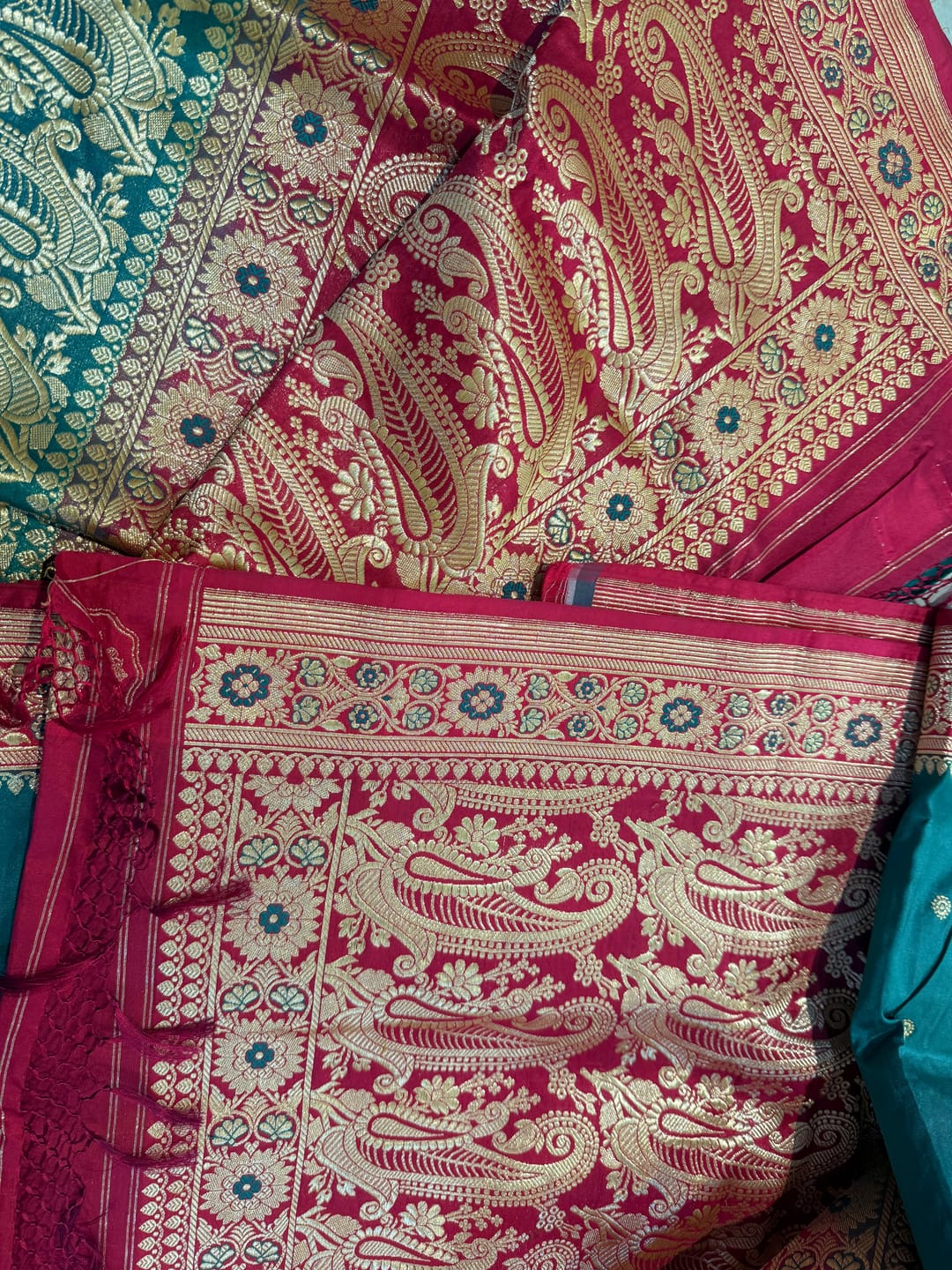 Customer photo review of Gold Zari Handloom Kadhua Banarasi Shalu Silk Satin Saree - Small Border - Sangita- Pink Green