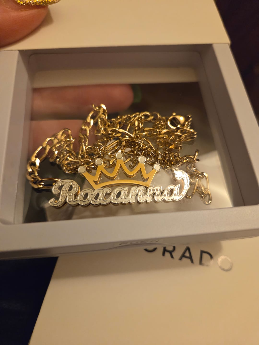 Customer photo review of Double Plated Crown Name Necklace w/ Figaro Chain