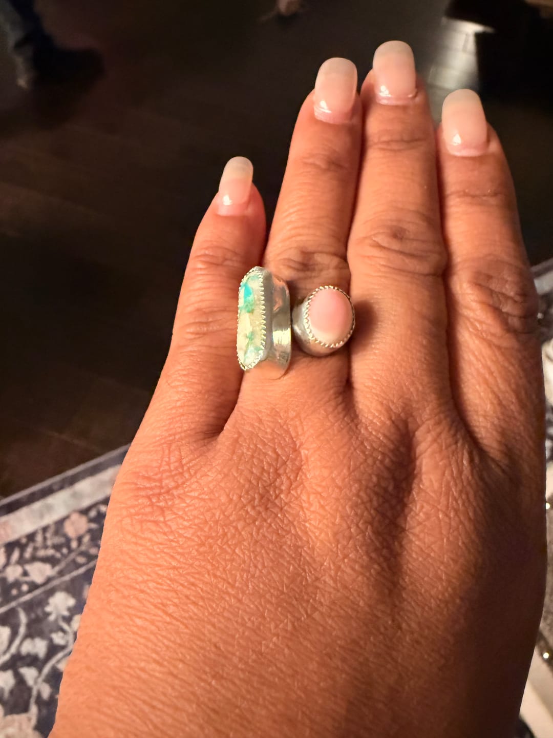 Customer photo review of Royston Turquoise and Pink Conch Sterling Silver Band Size Adjustable 8-11