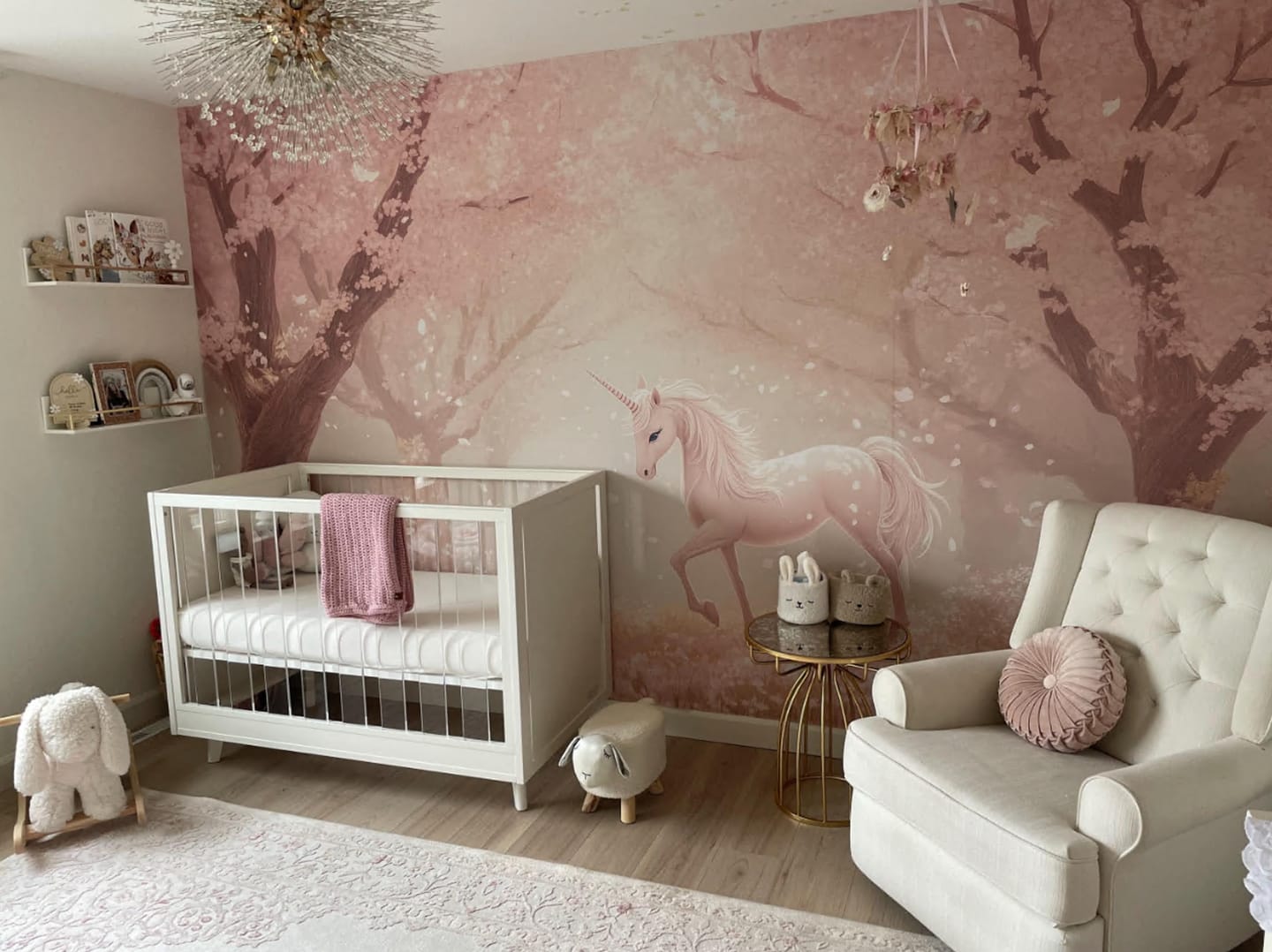 Customer photo review of Unicorn and Rabbit in Fairytale Pink Forest Nursery Wall Mural, Cherry Blossom Trees and Fairy Animals Kidds Room Wallpaper