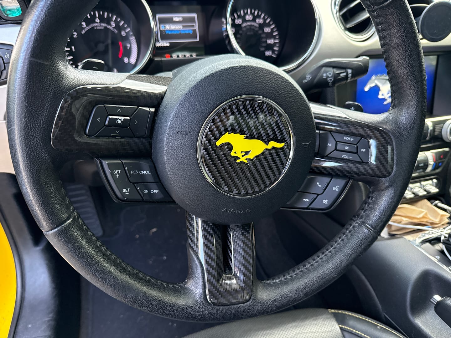 Customer photo review of Mustang 2015-2023 Carbon Fiber Steering Wheel Chrome Delete Cover