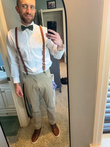Customer photo review of Olive Bow Tie & Cognac Buckle Suspenders Set