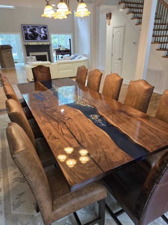 Customer photo review of Custom Black Walnut Blue River Ocean Wave Dining Resin Epoxy Table CT37