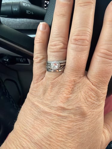Customer photo review of Personalized Couple Halo Engagement Ring Stack