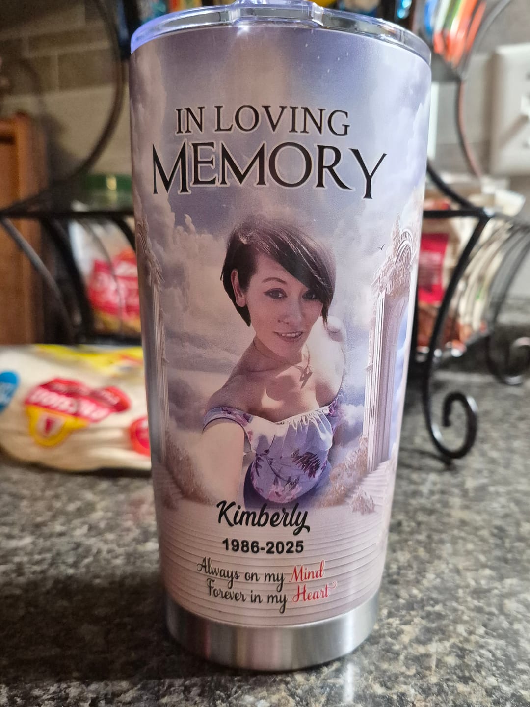 Customer photo review of In Loving Memory Upload Photo Heaven Gate Sky, A Big Piece Of My Heart Lives In Heaven Personalized Tumbler