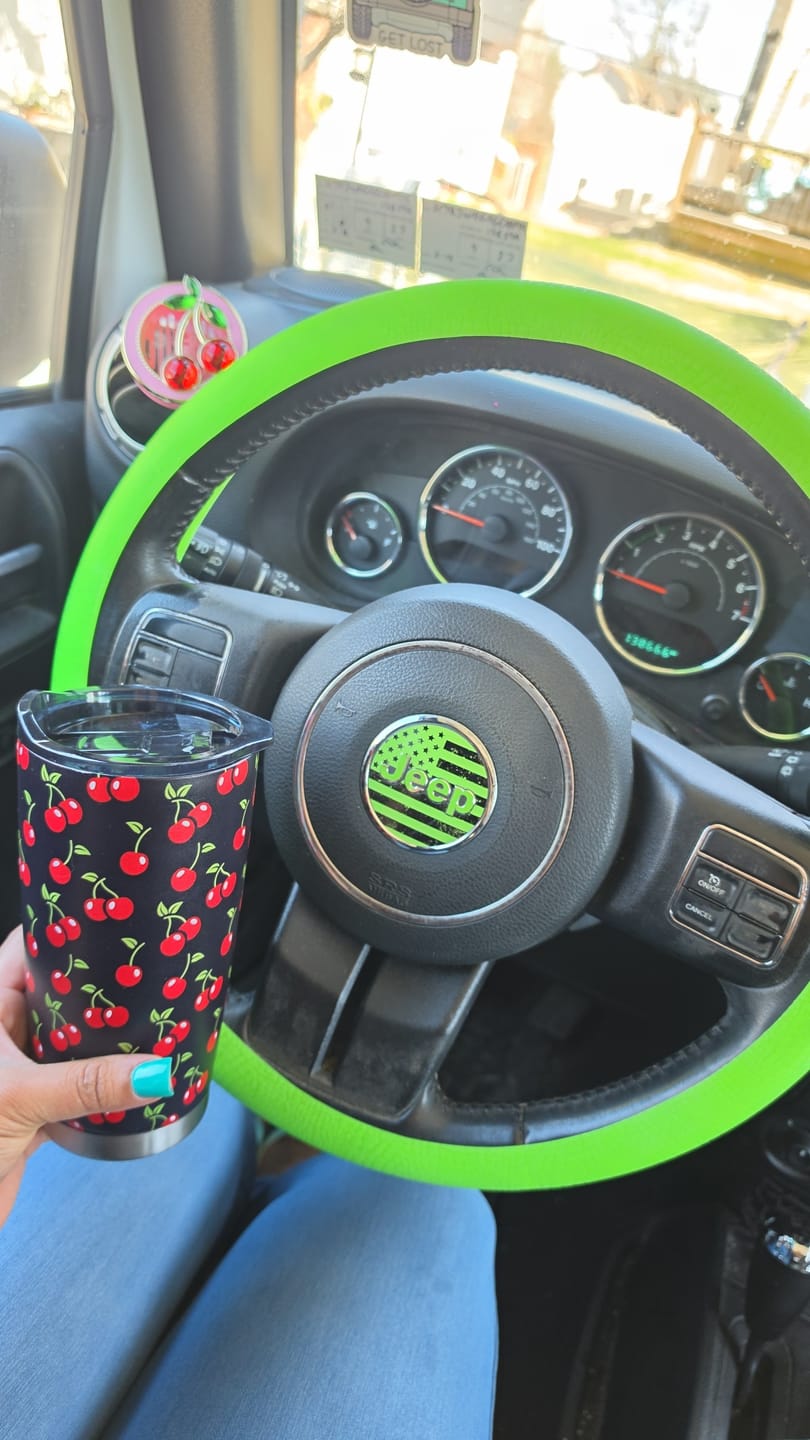 Customer photo review of JEEP Steering Wheel Emblem Overlay Decal — 30+ Colors & Designs (Flag, Topo, Animal, Solid)