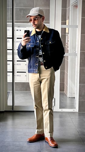 Reviewer in a full-length mirror photo wearing the khaki 1950s US Army Officer Chino Trousers.