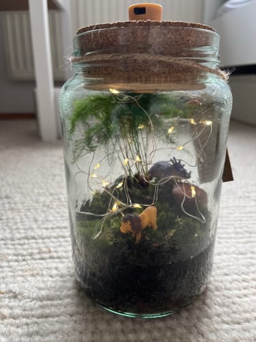 Ein Kunde zeigt seinen fertigen Flaschengarten aus dem Set, dekoriert mit Tierfiguren und einer leuchtenden Lichterkette.