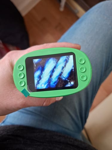 Ein Kunde hält das grüne Edubini Abenteuer-Mikroskop in der Hand, dessen Bildschirm eine scharfe Vergrößerung anzeigt.