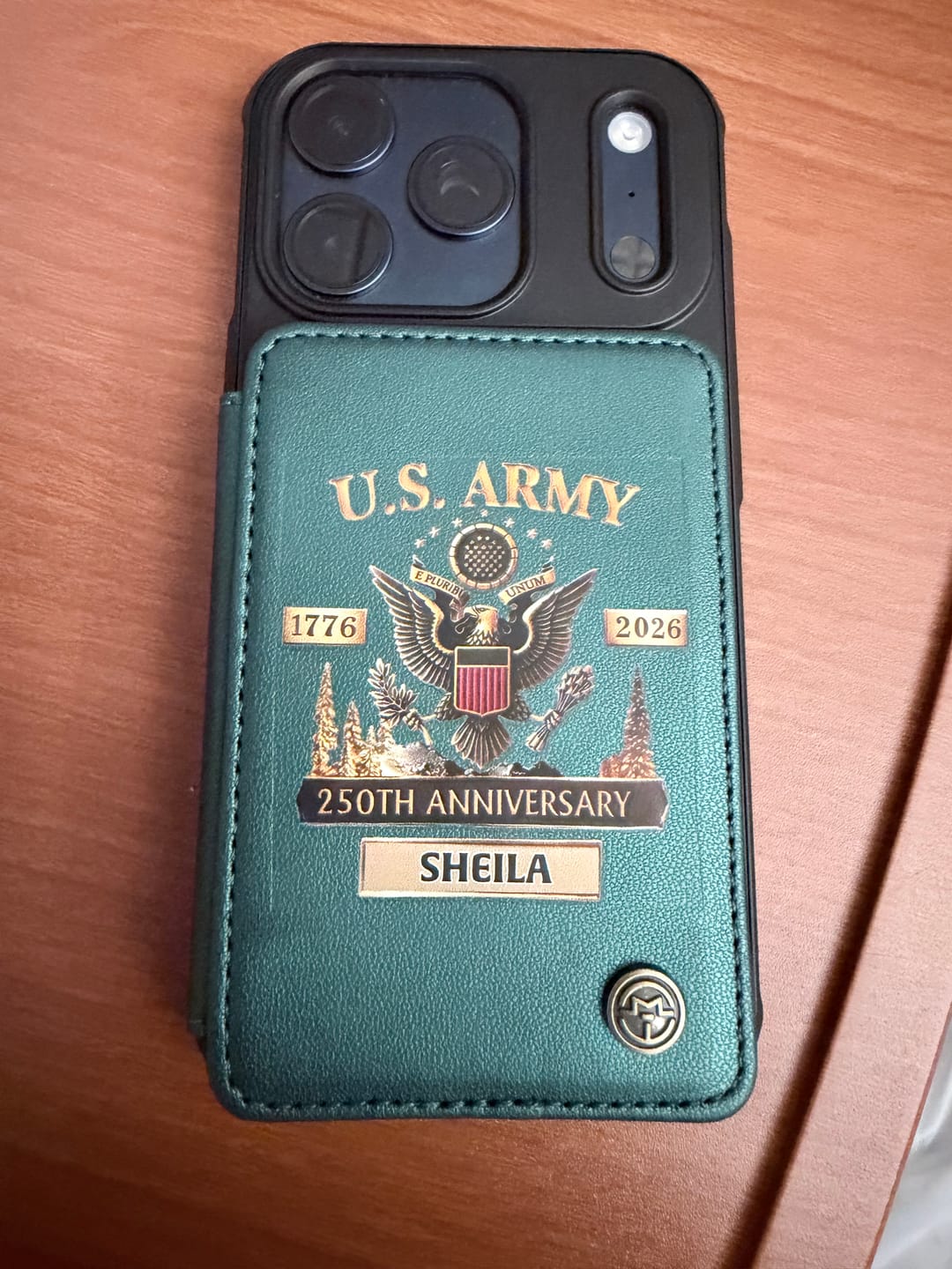 Customer photo review of U.S. Army 250th Anniversary Personalized Military Leather Wallet Phone Case