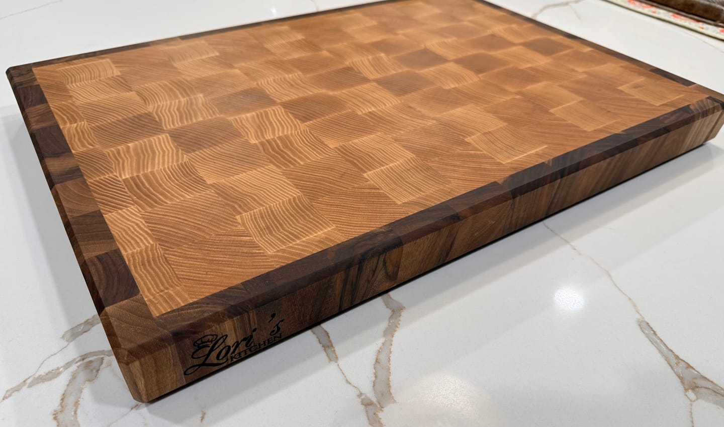 Customer photo review of Personalized Walnut and Cherry End Grain Cutting Board