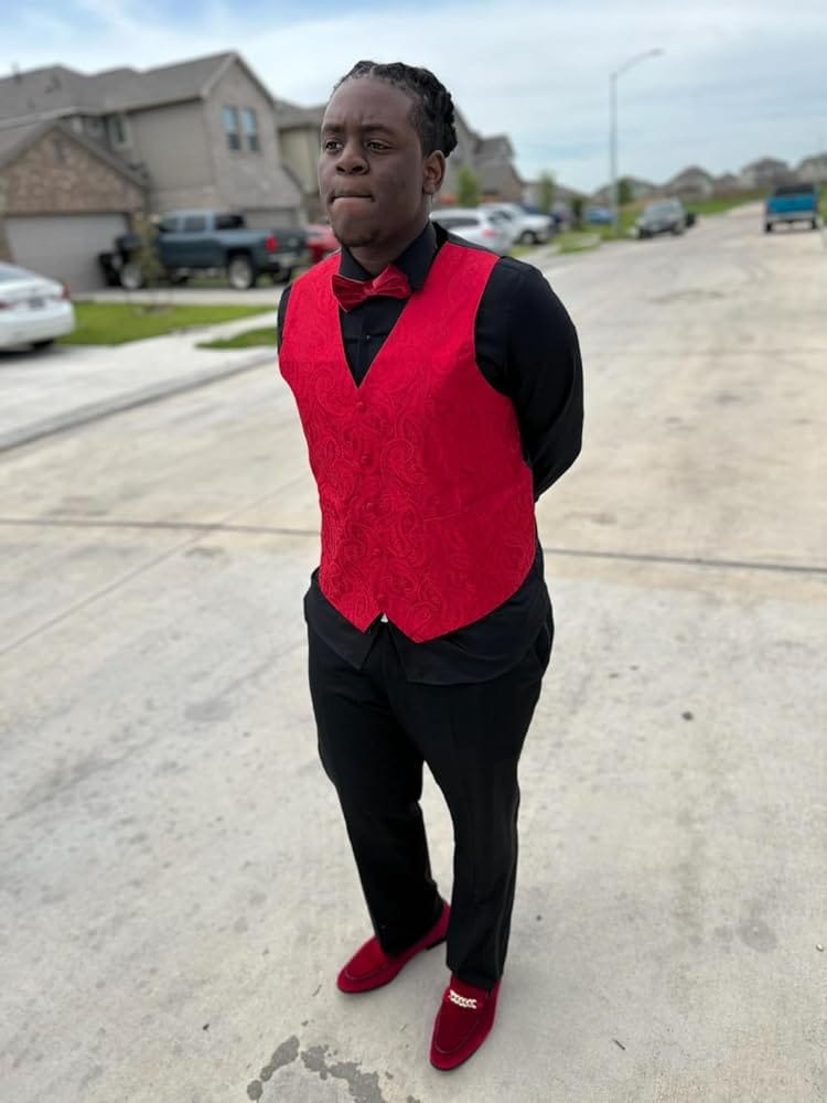 Customer photo review of Hisdern Men's Red Paisley Vest Tie Set For Weddings