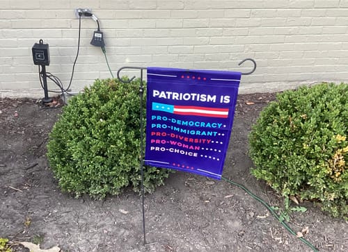 Customer photo review of Patriotism Is Pro Democracy Garden Flag, 12x18 Inch Double Sided, Resistance Becomes Duty Flag, Pro America Anti Trump, Anti Racism Flag