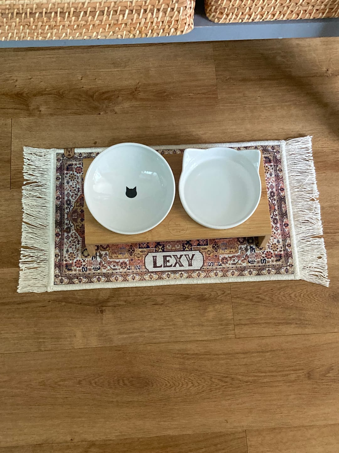 Customer photo review of Pet Bowl Mat with Fringe - Ophelia // Personalization: Lexy