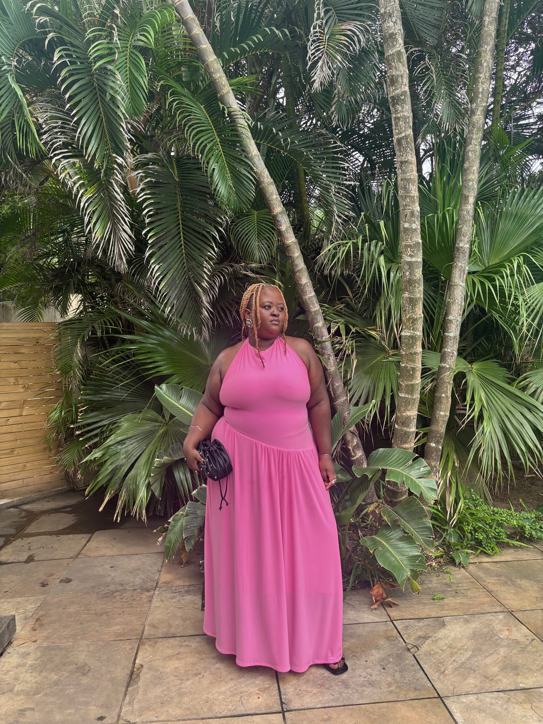 Customer photo review of Warm Pink Halter Dress with Dropped Asymmetrical Waistline