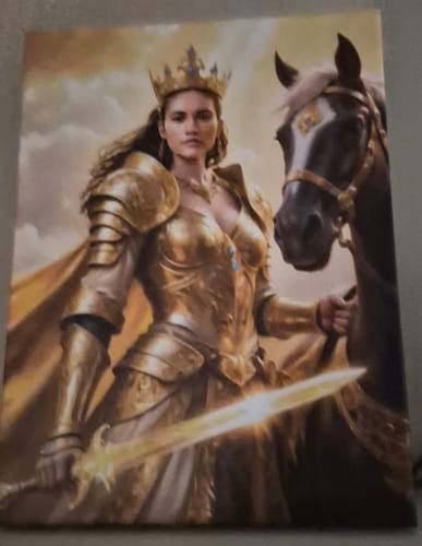 Customer's 'The Queen’s Valor' portrait shows a queen in golden armor holding a glowing sword next to a horse.