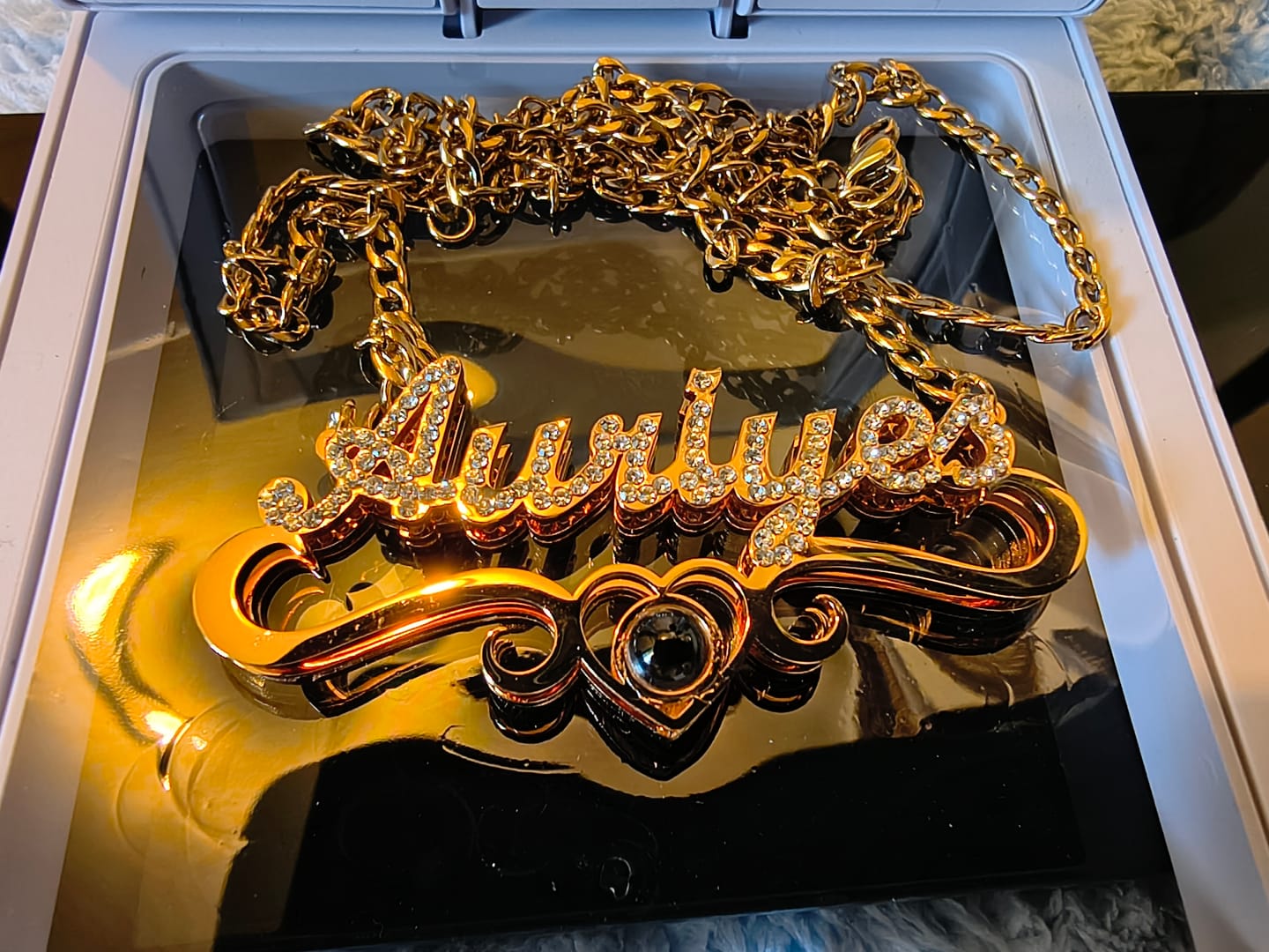 Customer photo review of Double Plated Iced Heart Photo Name Necklace w/ Cuban Chain