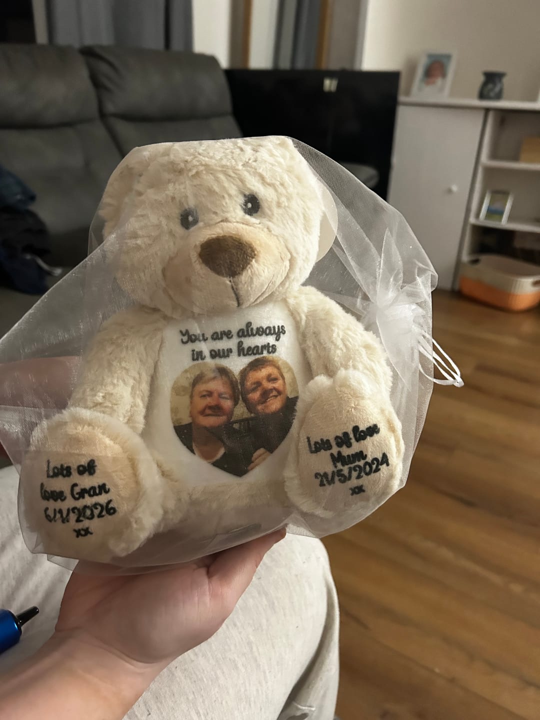Customer photo review of A Cuddle from Heaven Personalised Photo Teddy Bear