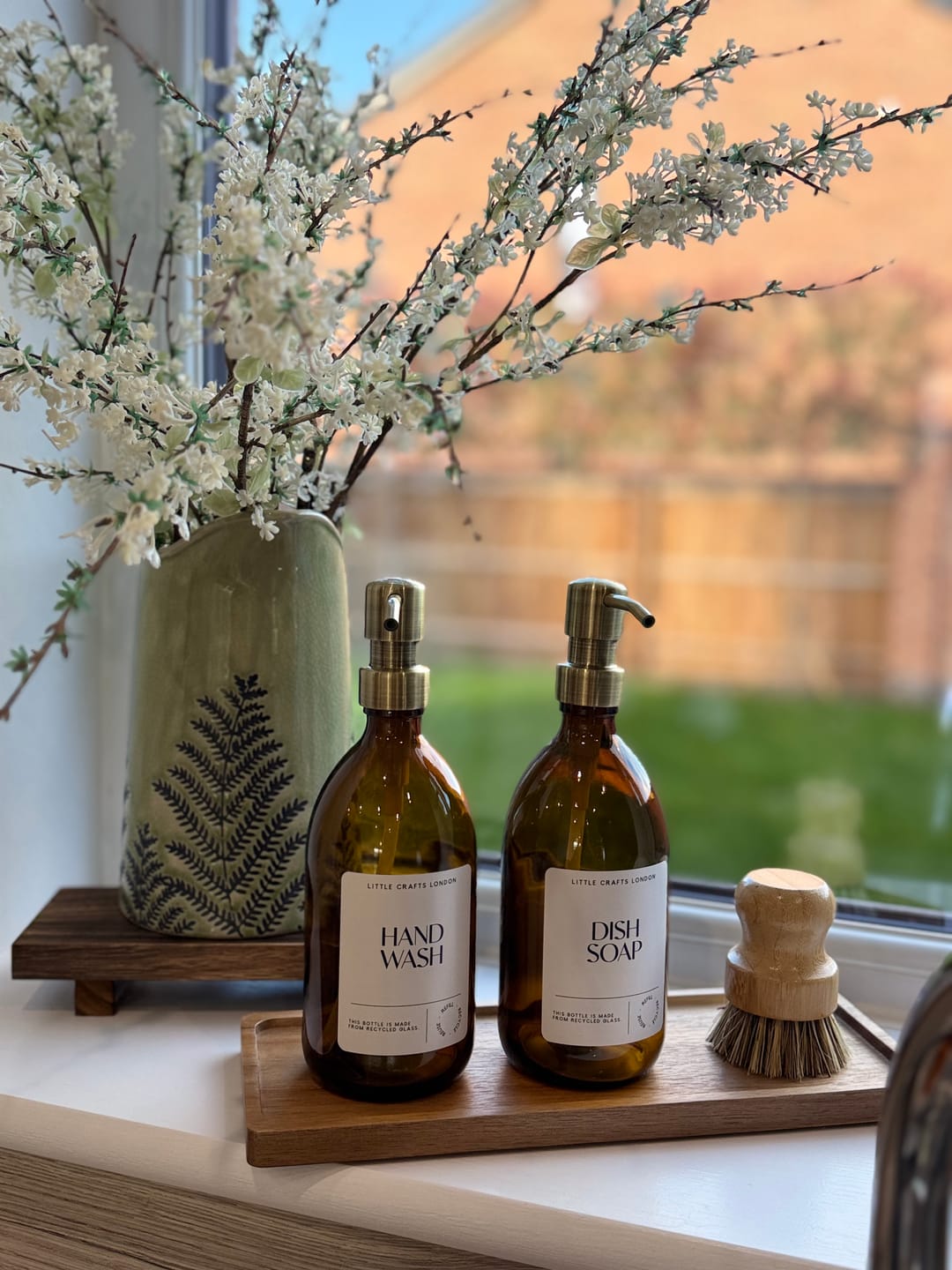 Customer photo review of Set of 2 Amber Glass Bottles 500 ML Long tray & Dish Brush