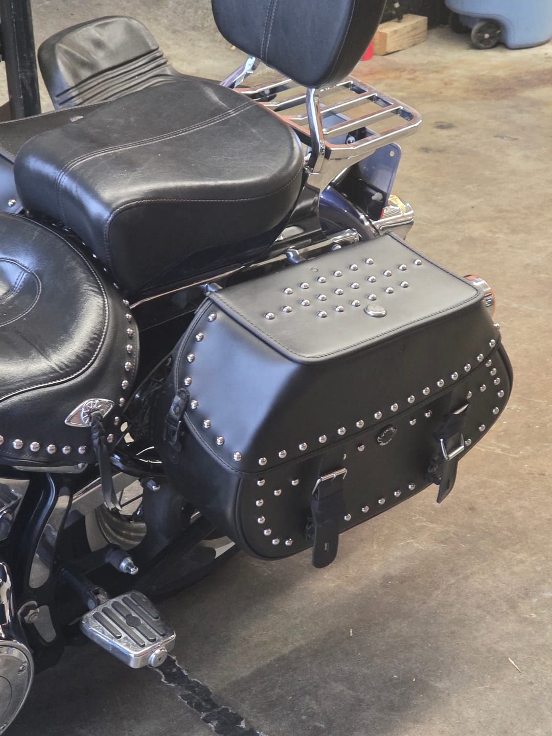 Customer photo review of 35L - Legacy Extra Large Studded Leather Motorcycle Saddlebags for Harley Softail Heritage FLHC/S