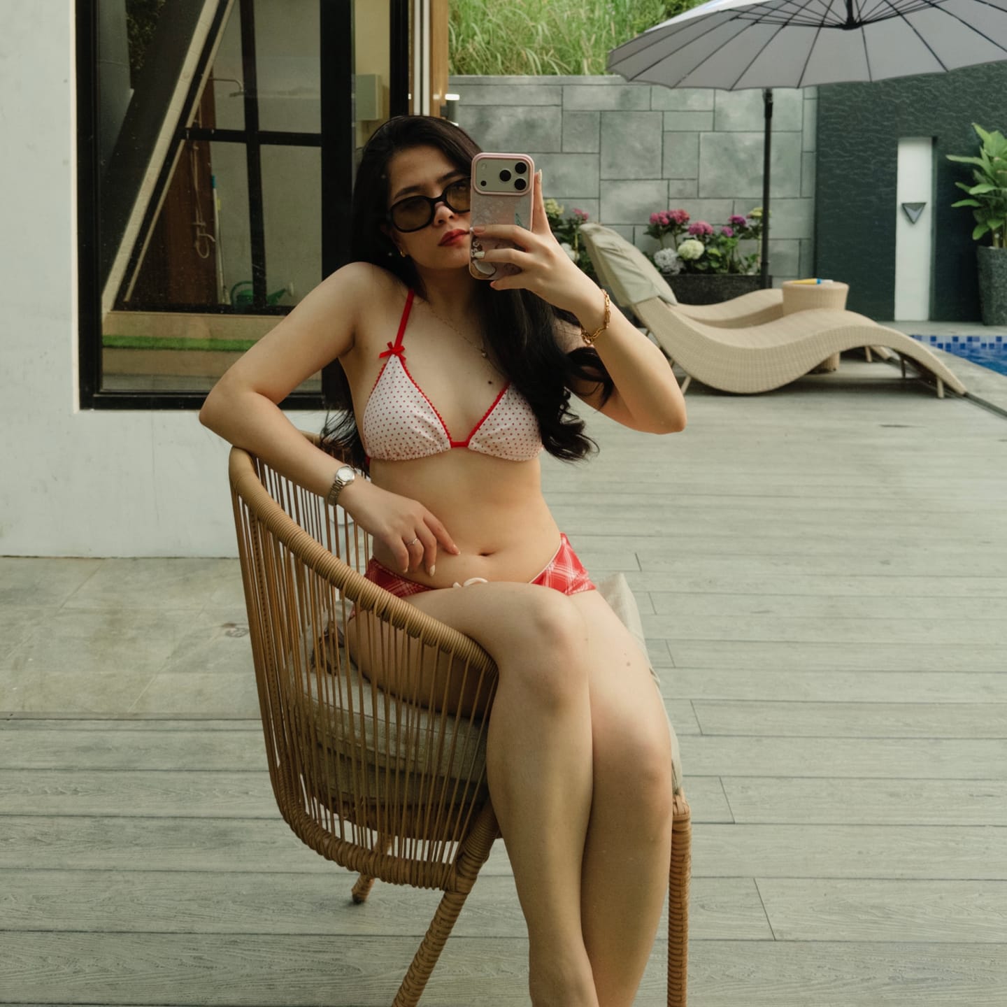 Customer photo review of Red Vintage Plaid Bowknot Bikini Bottom Cheeky Swim Boyshorts