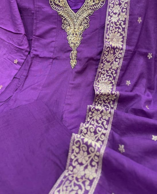 Customer photo review of Purple Banarasi Anarkali Suit Set with Dupatta