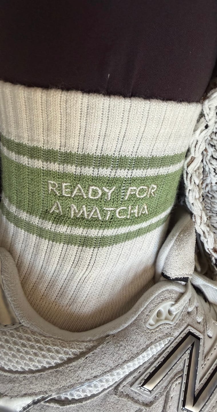 Customer photo review of Ready for a Matcha Grip Socks