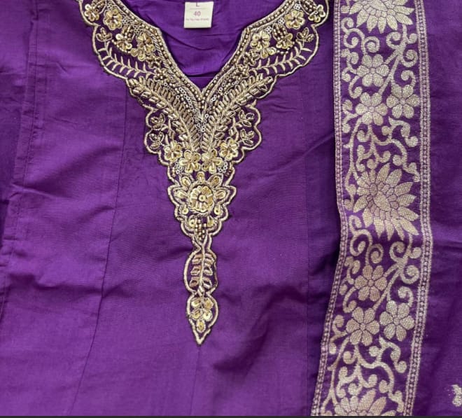 Customer photo review of Purple Banarasi Anarkali Suit Set with Dupatta